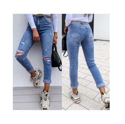 China Hippie Street Slim Fit Breathable High Quality Pants Small Feet And Thin Ripped Mid Waist Ripped Destroyed Women's Jeans for sale