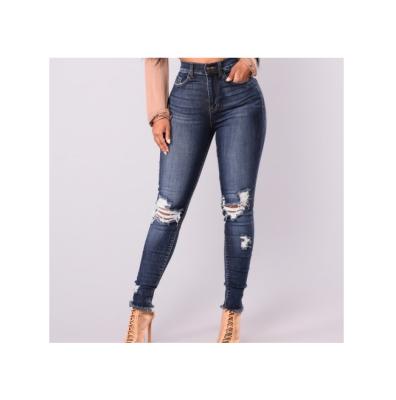 China Fashion Breathable Hot Selling High Waist Thin Stretch Hole Denim Skinny Pants Ripped Destroyed Women's Jeans for sale