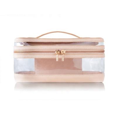 China Private Label Large Capacity Pink PU Cosmetic Makeup Bag Clear Zipper Filter Frame Leather Cosmetic Bag for sale