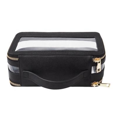 China Fashion Customized Cosmetic Bag Fashion Cosmetic Toliet Bag Black Leather Makeup Bag for sale