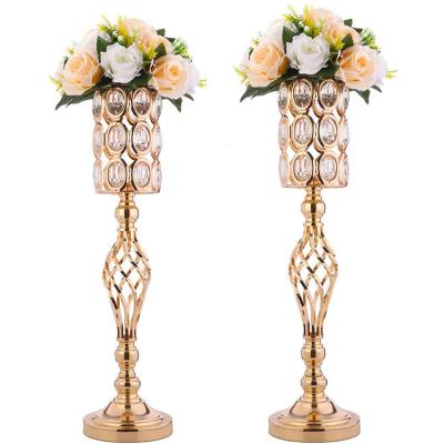 China Modern Simple Metal Diamond Crystal Wedding Center Vase Hot Selling Wrought Iron Wedding Electroplating Flower Stand for sale