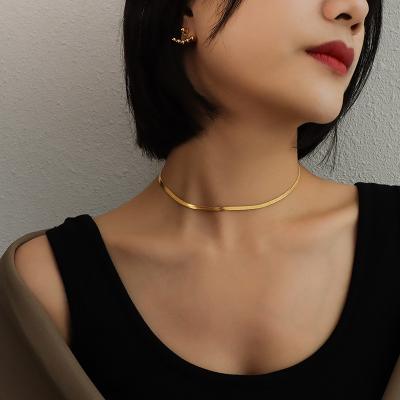 China Hot Sale Vintage 18k Gold Plated Blade Chain Necklace Stainless Steel Snake Bone Chain Clavicle Necklace Bracelet Set For Women for sale