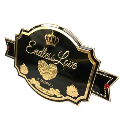 China Embossed Love Flowerbox Waterproof Endless Plain To Foil Engraved Logo Security Metal Label Sticker For Beer Mug Perfume for sale