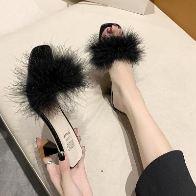 China Fashion Trend Vegan Faux Fur Slides Open Toe Mule Fluffy Slippers Cheap Open Toe Mule Fluffy Slippers Summer Heel Sandals Outdoor Women for sale