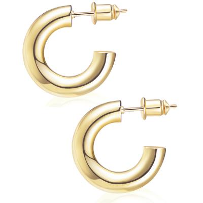 China Wowshow Real Gold Hoop Earrings 14K Casual/Sporty Gold Plated Chunky Hoop Earrings For Women Thick Light Gold Hoops Gifts For Girls for sale