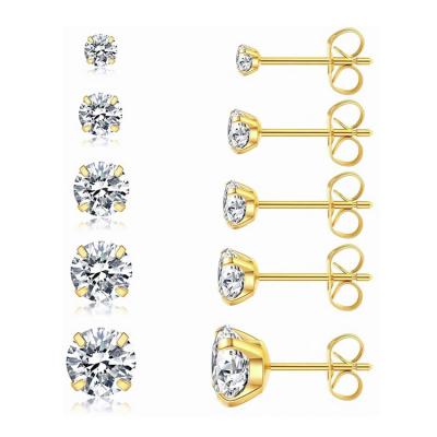 China Wowshow Casual/Sporty 5 Pair Stud Earrings Set, 316L Zircon 3-8mm Hypoallergenic Stainless Steel CZ Stud Earrings for sale