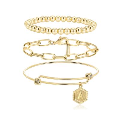 China Wowshow Gold Bangle Casual/Sporty Bracelets For Women Initial Charm Bracelets Adjustable With Paperclip Link 14k Gold Plated Letter Gift For for sale