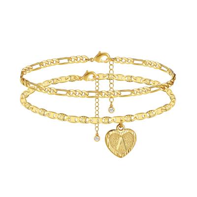 China Wowshow Casual/Sporty Anklet For Women, Real 14K Gold Plated Heart Initial Layered Anklet For Girls With Letter A-Z Pendant Gifts for sale