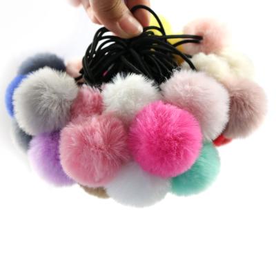 China Kids Wear Girls Pompom Ponytail Holder Kids Elastic Hair Bands Soft Cheap Casual Elastic Fake Girl's Head Poms Tie Fur Band Hair Rope for sale