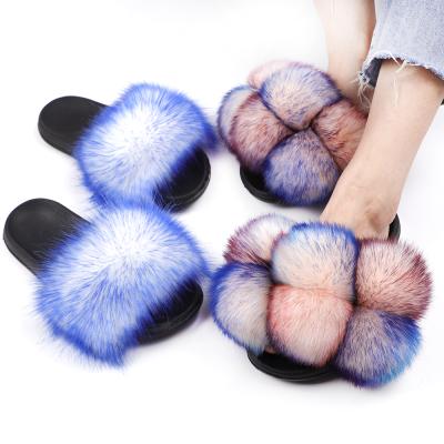 China Fashion Trend New Design Raccoon Fur Ball Faux Fur Big Slips Outdoor Soft Colorful Pompom Fur Slippers Factory Wholesale for sale