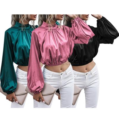 China Lady Blouse Women's Long Sleeve Lantern Satin Anti-pilling Top Tunic Casual Loose Solid Good Quality Women's Top Blouse for sale