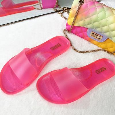 China CUSHIONING Elegant PVC Women Jelly Slides Comfortable Transparent Slippers Crystal Scrub Flat Slipper Lady Fashion Jelly Slippers for sale