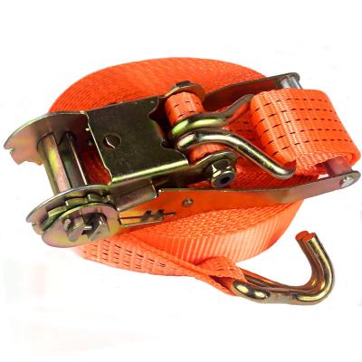 China Steel+Polyester 2 Inch Strength Lifting Rachet Tie Down Strap Polyester Tie Down Belt With Double J-Hooks for sale