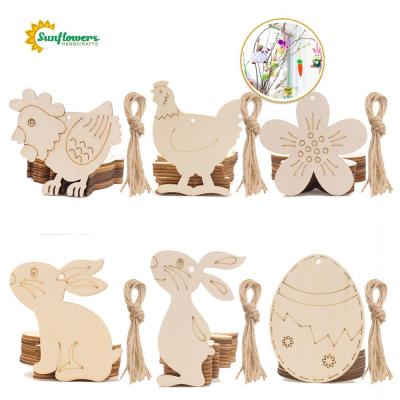 China School Easter Wood Ornaments Bunny Chicken Egg Flower Shapes with Drawing Pen for DIY Easter Party Decorations for sale