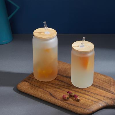 China Mazoho USA CREATIVE RTS warehouse 12/16 oz sublimation glass can heat to press clear frosted glass canister with bamboo lid and straw for sale