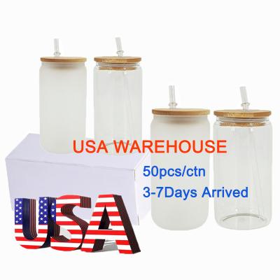 China Viable Stock In USA Warehouse 12/16/25 oz Sublimation Frosted Bank Sublimation Tumbler Glass Beer Glass Can With Bamboo Lid And Straw for sale