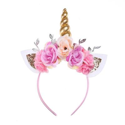 China Wholesale Sweet Unicorn Headband For Girls Golden Sequin Cat Ear Floral Hair Band Horn for sale