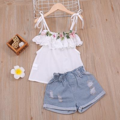 China Summer Casual Girls Toss Loose Top Ripped Denim Shorts Fashion Kids Suit Newborn Baby Kids Clothing Set for sale