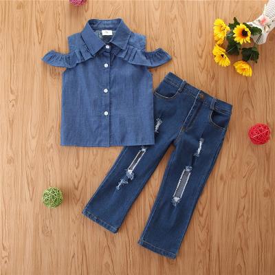 China Summer girls casual clothing set 2021 kids off shoulder top jeans 2pcs kids outfits kids sport clothing set for sale