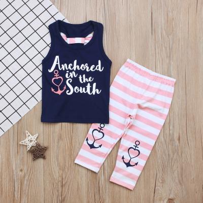 China Hot Sale Girls Lolita Style Anchor Summer 2pcs Outfit Kids Beach Bandage Panty Cotton Top + Pink Set for sale