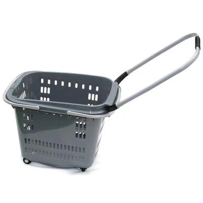 China PP plastic plastic shopping basket with wheel and aluminum alloy pull rod hand basket for sale