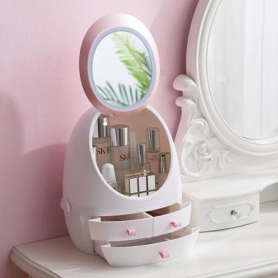 China Multifunctional Portable Drawer Mirror Storage Box LED Light Minimalism Makeup Skin Care Product Dust Desktop Box for sale