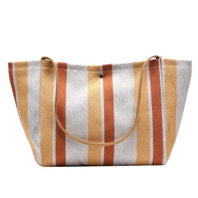 China Contrast color new eco canvas ladies stripe handbag shopping tote bag for woman for sale