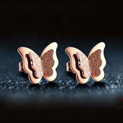 China Original Good Quality Stainless Steel Office / Fashion Career Design Small Mini Rose Funky Charm Butterfly Stud Earrings Gold Plated for sale