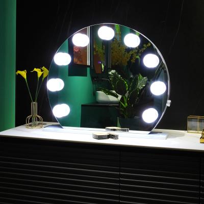 China Foshan Luminous Factory Customized Hilton Marriott Hotel 5 Star Makeup Desk Mirror Used Round Hollywood LED With Replaceable Bulbs for sale