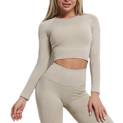 China New Breathable Wholesale Bare Two Piece Long Sleeve Crop Top And Yoga Suit Women Gym Workout High Waist Leggings for sale