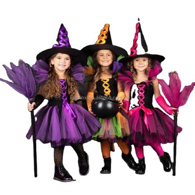 China Kids Fancy Dress Halloween Carnival Cosplay Costume Wholesale Tutu Knee Dress Party Gifts Tulle With Witch Hat Broom Dress Up For Girls for sale