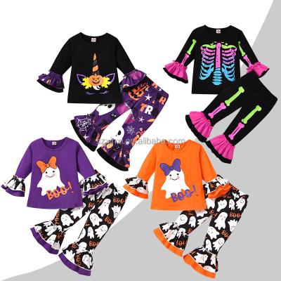 China Newest Hot Selling Cozy Halloween Printed Two Piece Toddler Long Sleeve Kids Halloween Pumpkin Cosplay Bell-bottom Pantsuit for sale