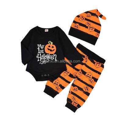 China Wholesale Halloween Baby Kids Halloween Pumpkin Print Romper Harem Pants Hat 3 Piece Outfits Toddler Boys Fall Clothing Sets for sale