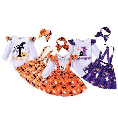 China Cozy Halloween Baby Clothing Sets Ruffles Long Sleeve Rompers Top+cartoon Print Suspender Skirts Newborn Clothes Outfit Set for sale