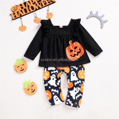 China Factory Direct Halloween Kids Girls Comfortable Long Sleeve Pantsuit Baby Cotton Children's Dress Girls Ghost Printing Pants for sale