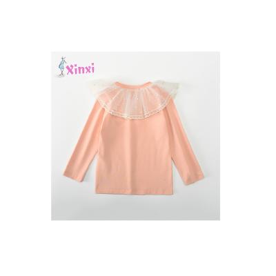 China Breathable Warm Mesh Long Sleeve Sequined Floral Collar Cotton Top Pink 2022 Style T-shirt for sale