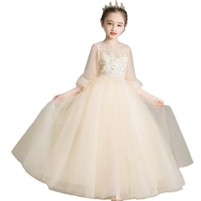 China 2022 New Breathable Hot Girls Party Elegant Champagne Princess Girl Dress Embroidered Fluffy Mesh Flower for sale