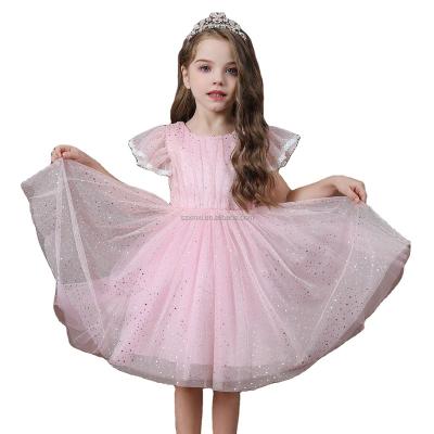 China Breathable Fly Sleeve Sparkle Gauze Wedding Girls Dresses Costume Party Flower Frocks For 4-10 Year Old Girl for sale