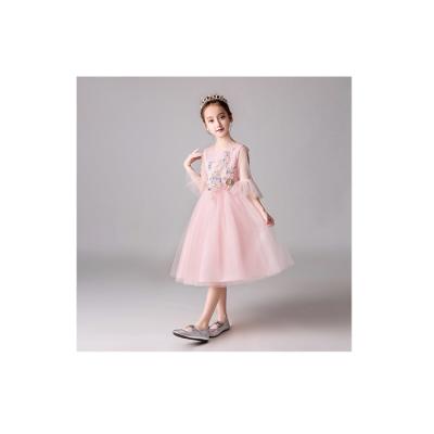 China 2022 Breathable Hot Style 12 Year Old Girls Pink Cotton Breathable Embroidered Appliques 3/4 Long Sleeve Dress for sale