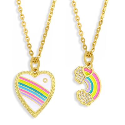 China Environmental Friendly Wholesale Zircon Necklace Gold Plated Heart Rainbow Enamel Pendant Necklaces for sale