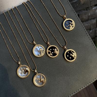 China Environmental Friendly Wholesale 18K Gold Plated Shell 12 Constellation Zodiac Brass Disc Embossed Pendant Necklace for sale