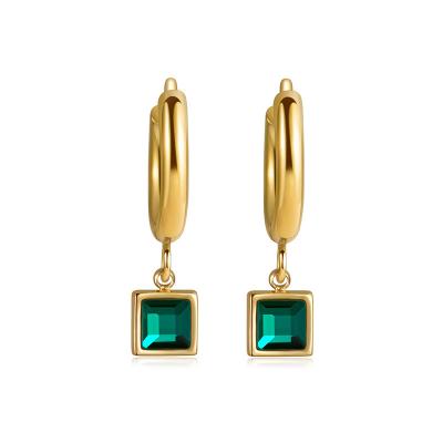 China Eco Friendly Fashion Square 14K Hypoallergenic Real Gold Plated Gemstone Earrings Stainless Steel Women Emerald Zircon Drop Earrings For for sale