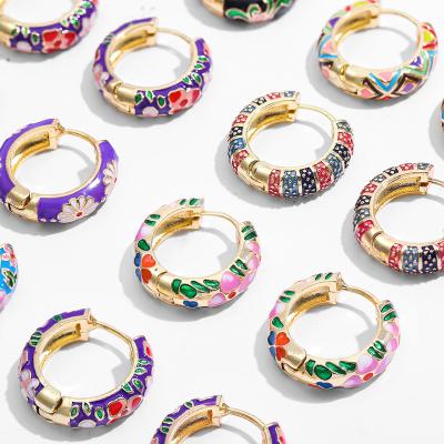 China Fashion Environmental Friendly Tasty Enamel Daisy Flower Gold Plated Zircon Huggie Circle Earrings Jewelry Gifts for sale