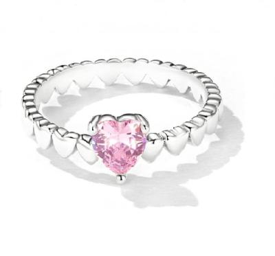 China Fashion 925 Sterling Silver Band Ring Love Heart Ring With Big Pink Love Cubic Zirconia Jewelry Gifts For Her Size 6-8 for sale