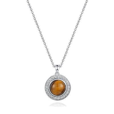 China CLASSIC Women's Silver 925 Gemstone Pendant Round Tiger Eye Earrings Bracelet Pendant Jewelry Set Rhodium Plated for sale