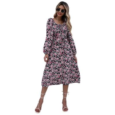 China T-D175 Autumn Long Allover Floral Printed A Line Women's Anti-Static Dresses for sale