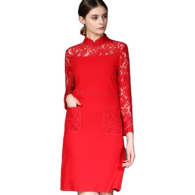 China T-D002 Ladies Breathable Elegant Red Lace Long Sleeve Formal Plus Size Dress for sale