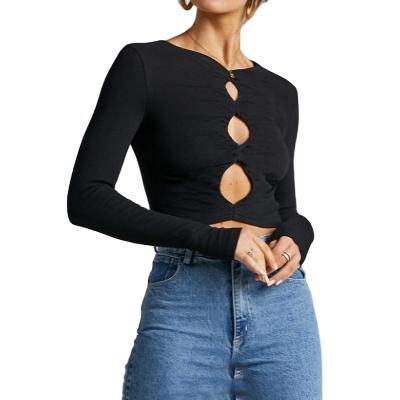 China T-B556 Anti-Wrinkle Simple Black Stylish Women Cut Out Long Sleeve Crew Neck T-Shirts for sale