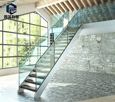 China Villa Indoor Double Steel Stringer Glass Balustrade Wooden Staircase for sale