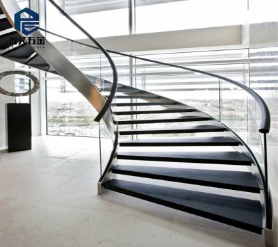 China Residential Clear Arc Staircase Curved Tempered Glass Single Steel Stringer Glass Staircase for sale